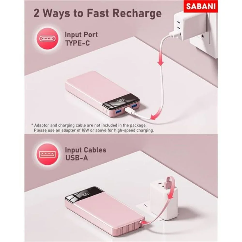 35000mAh portable charger power bank fast charging with built in cables